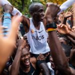 Eliud Kipchoge lifted up during the Victory Celebration